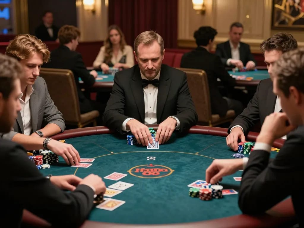 Players enjoying an engaging poker game at Hello88 casino, chips and cards in action.