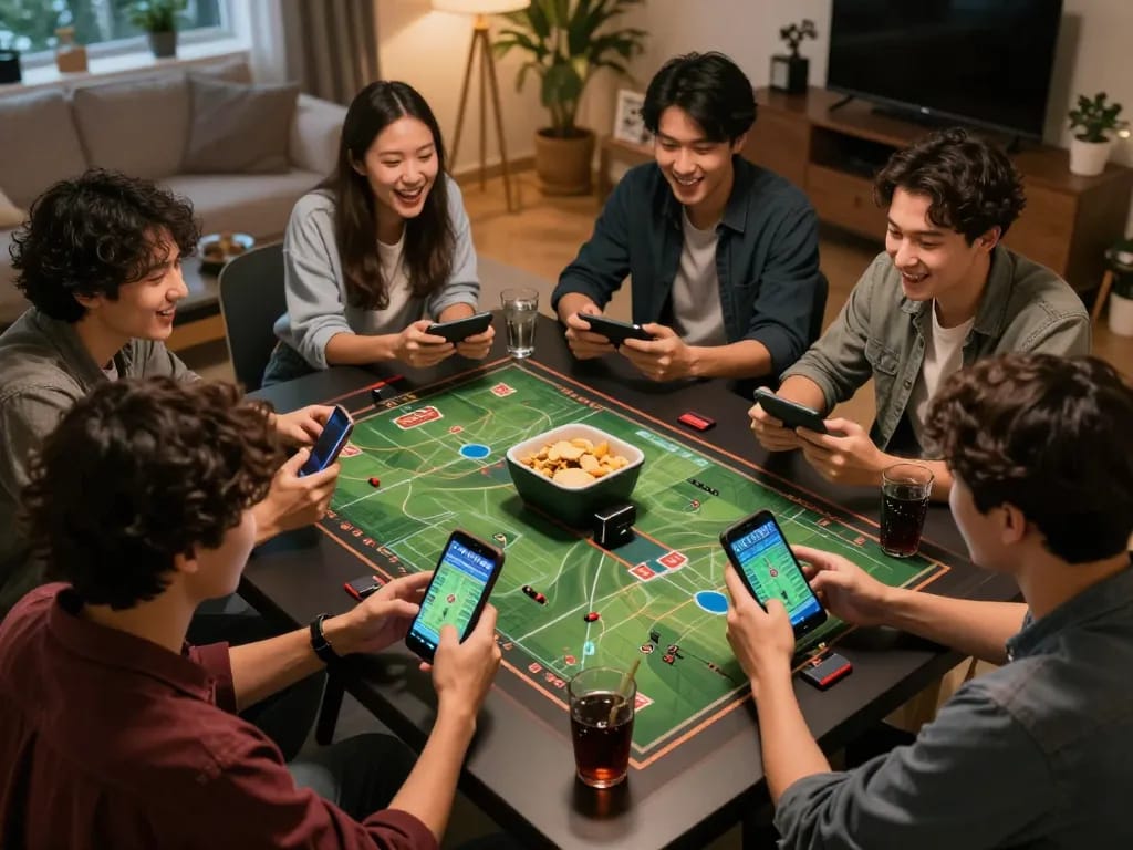 Engaged friends using KQBD for live sports betting, capturing dynamic gambling moments.
