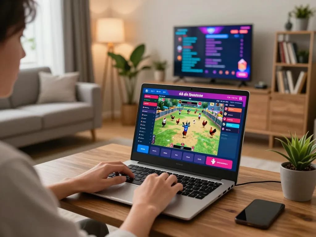Engaging scene of đá gà trực tuyến gameplay on a laptop in a cozy living room setting.