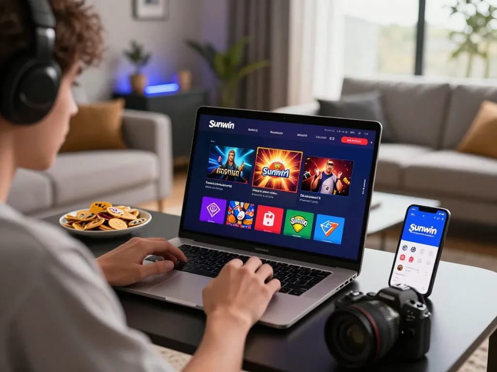 Player enjoying Sunwin's online gaming platform surrounded by vibrant game icons in a cozy modern living room.
