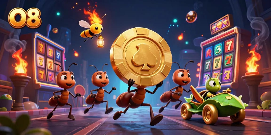 Bettors at O8 embark on a thrilling slot quest amidst golden symbols and animated characters.