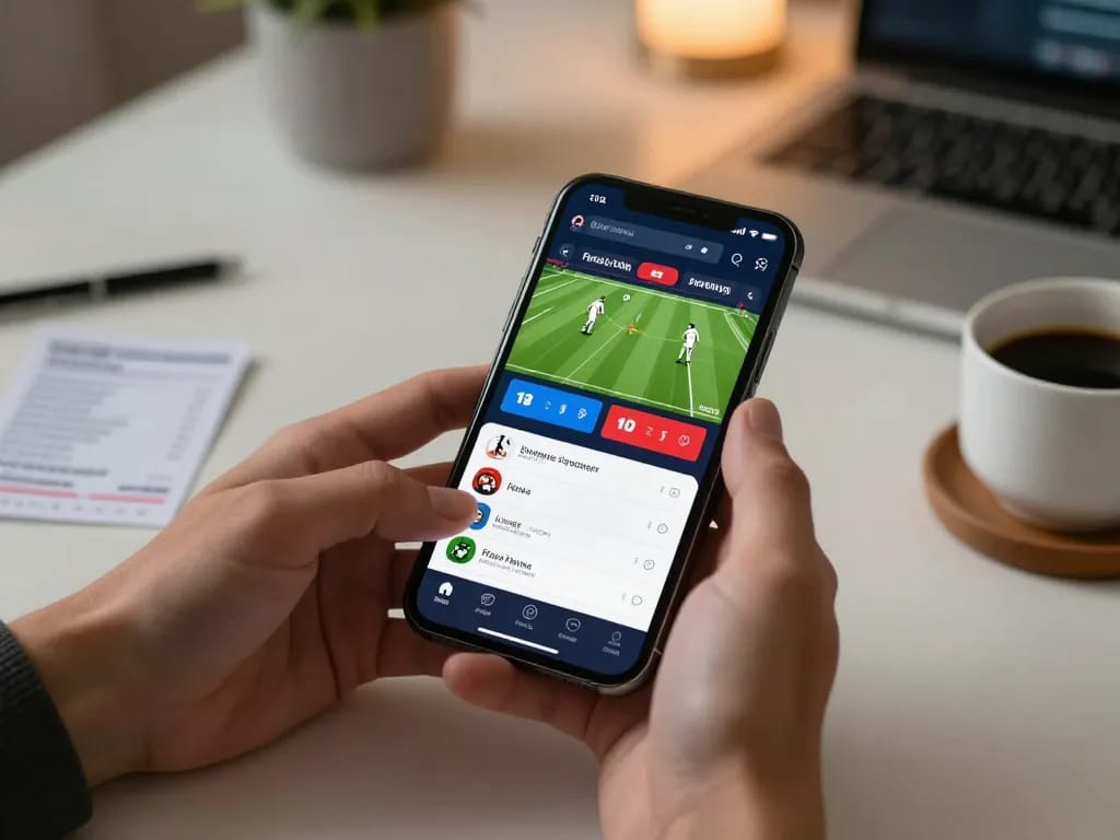 Kết quả bóng đá displayed on smartphone during live sports betting session, emphasizing strategic engagement.