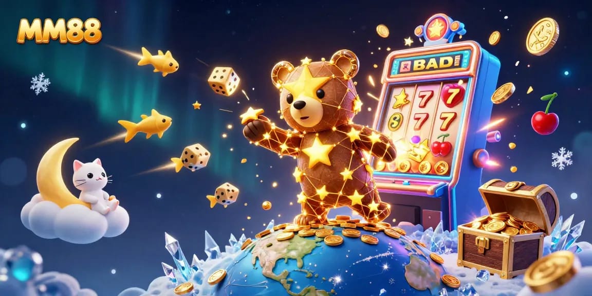 Experience the excitement of MM88 with a vibrant 3D illustration showcasing slot machines and casino elements.