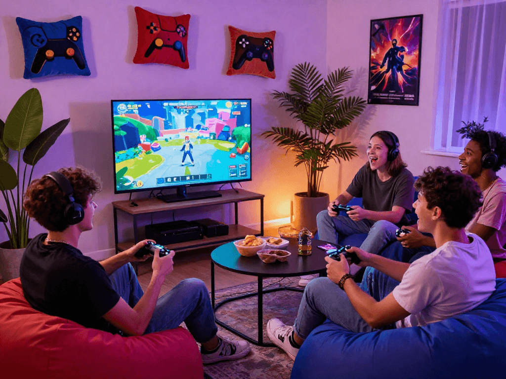 Group enjoying game sex experience together in a lively, colorful gaming setting.