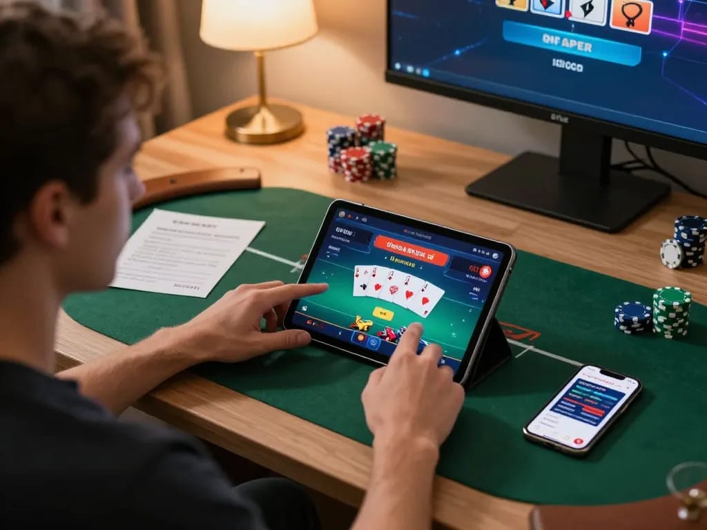 Tg88 online casino gaming setup with a player strategizing on tablet.