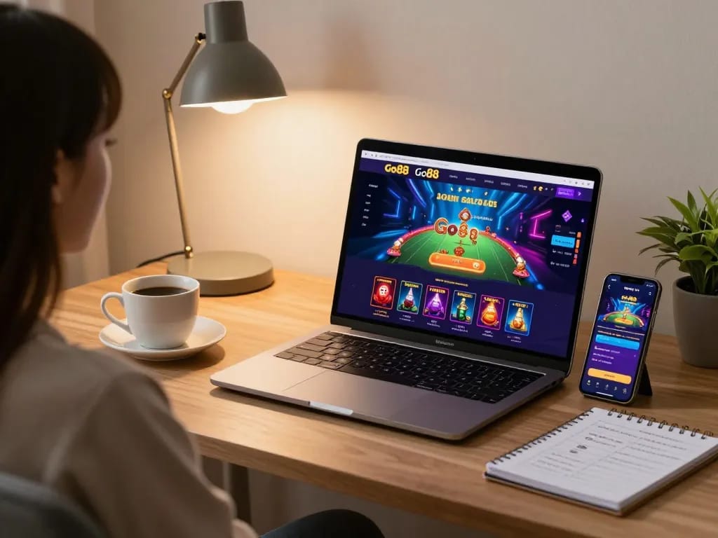 Engaging in exciting gameplay on Go88 online casino via laptop and smartphone in a cozy home setting.