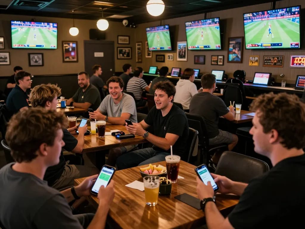 Engaged sports fans placing bets on the Tylekeo app in a lively sports bar atmosphere