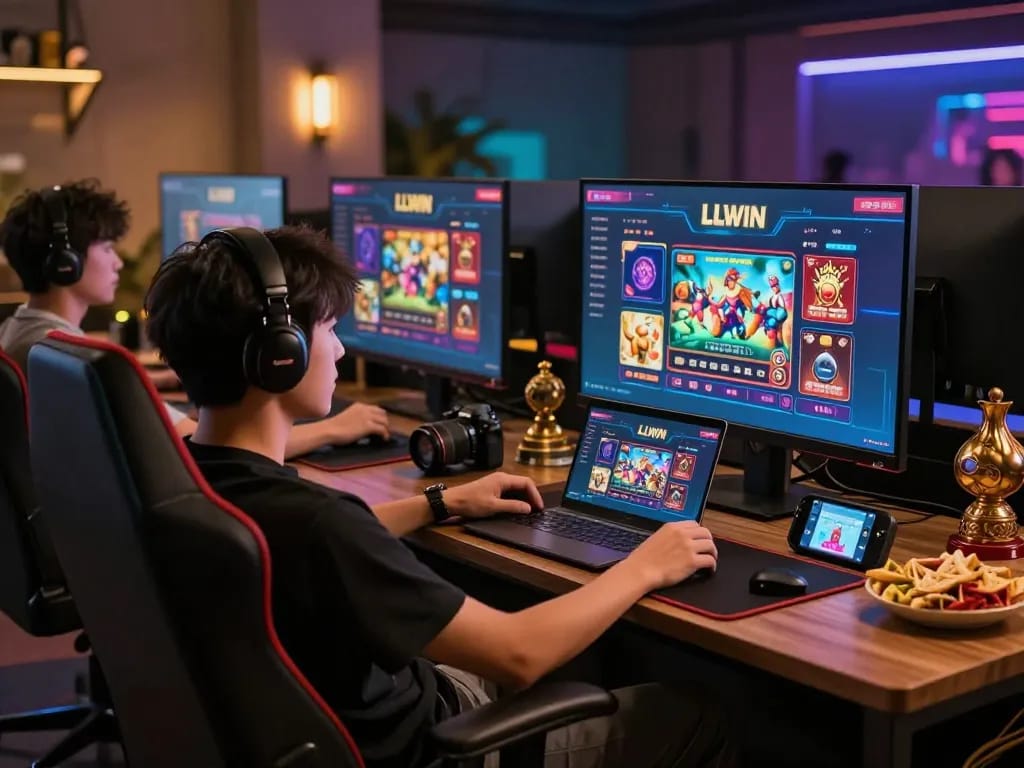 Engaged player enjoying LLWIN online gaming experience on a laptop in a cozy setting.