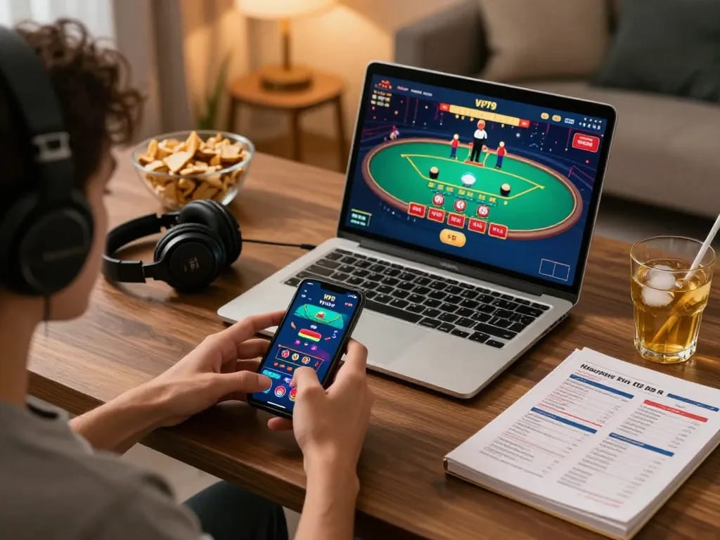 Player strategizing at VIP79 with mobile app, enjoying focused online gaming experience.