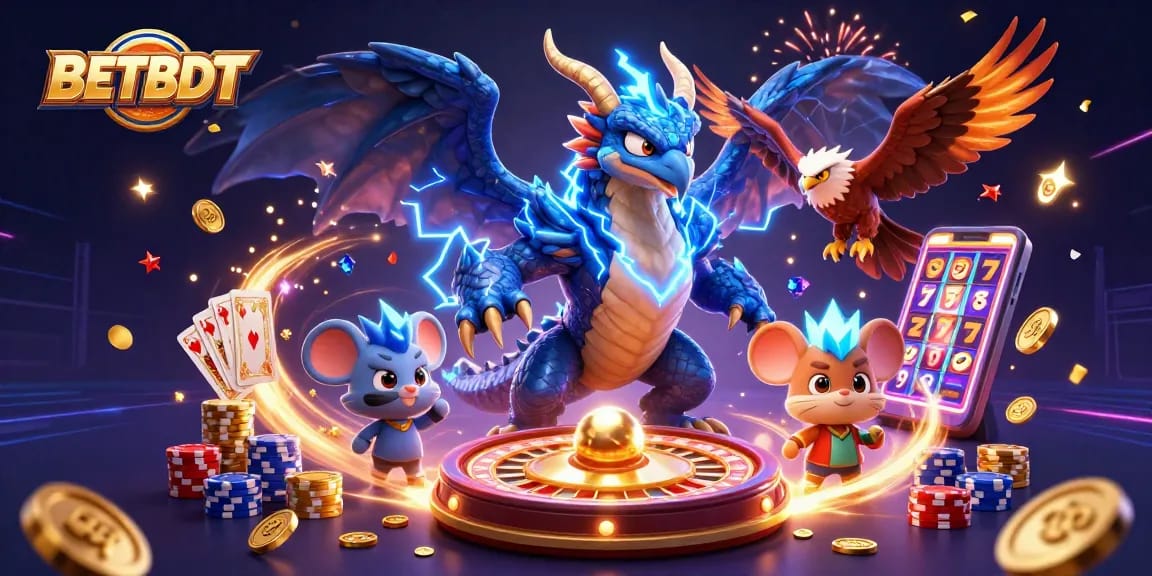 Experience the excitement of BETBDT with a dynamic 3D casino scene featuring thrilling game elements and vibrant characters.