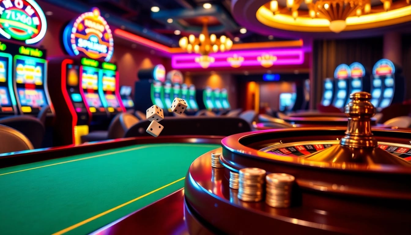 Kèo nhà cái 5 showcases dynamic casino action with poker tables and roulette wheels.