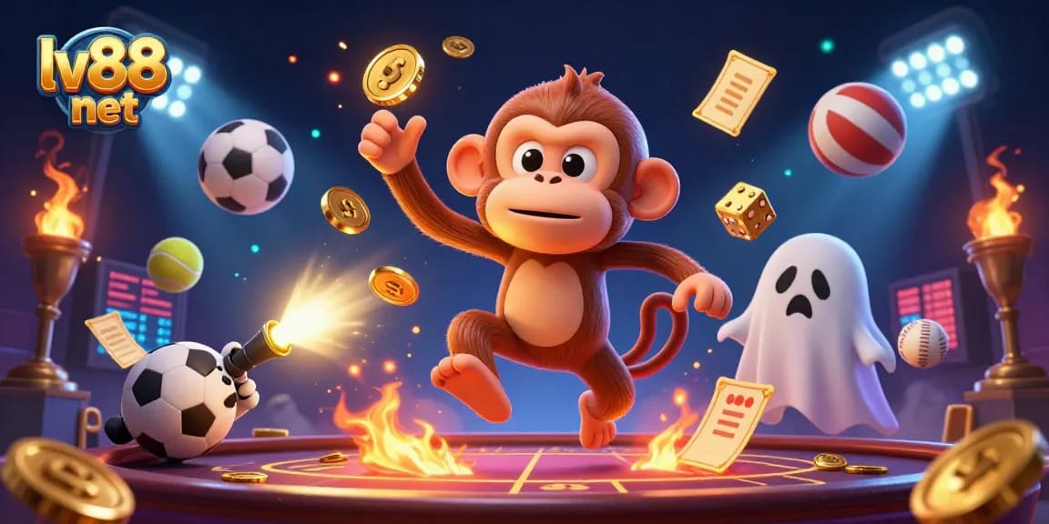 Experience excitement at lv88 net, where a playful poltergeist monkey juggles golden coins in a haunted casino.