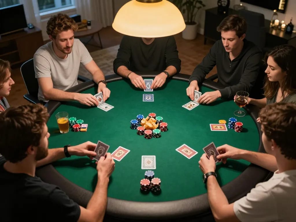 Players enjoying an exciting poker game at home, highlighting the vibrant atmosphere while showcasing Au88's gaming experience.