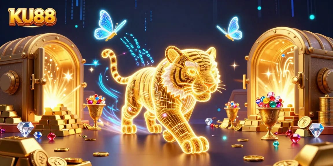 Experience excitement with KU88 as a golden tiger navigates a vibrant digital casino.