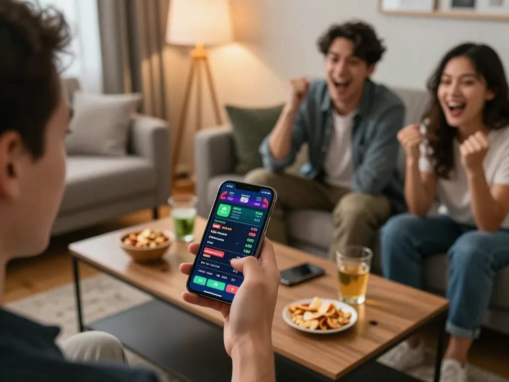 O8 players strategizing their bets using a smartphone app in a lively social setting.