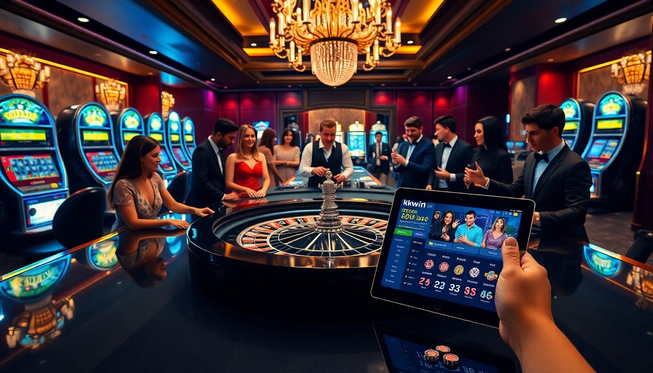 Experience the excitement of kkwin at a luxurious casino with roulette and slot machines.