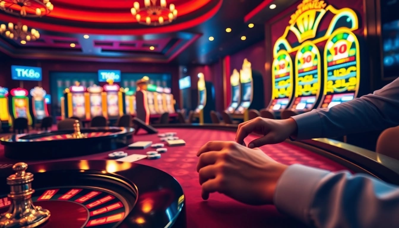 Engaging tk88 online casino experience with poker chips and vibrant roulette wheel.