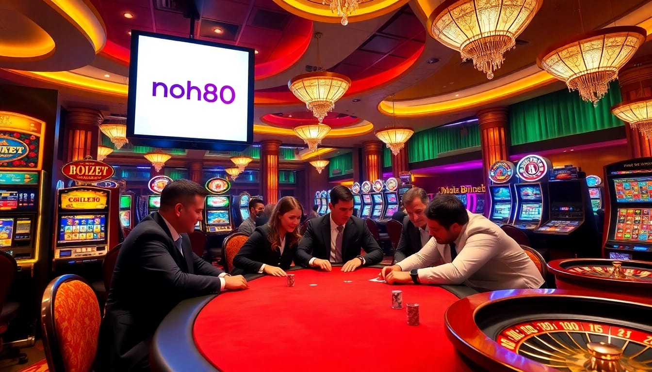 High-stakes poker action at a luxurious casino including nohu90 logo.