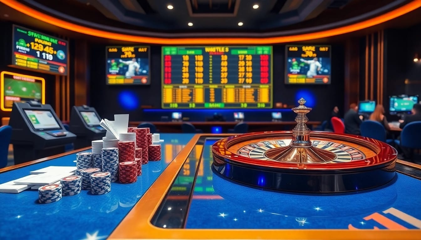 Experience the excitement of sports betting at https://sp8bet.co.com/ with a luxurious casino ambiance featuring vibrant poker chips and sleek electronic terminals.