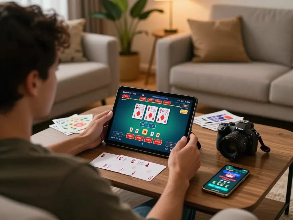 Engaging in live dealer blackjack at home with sin88 app on tablet.