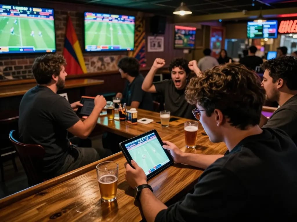 Engaged sports bettor using tablet for keonhacai betting at a lively sports bar, surrounded by friends and screens.