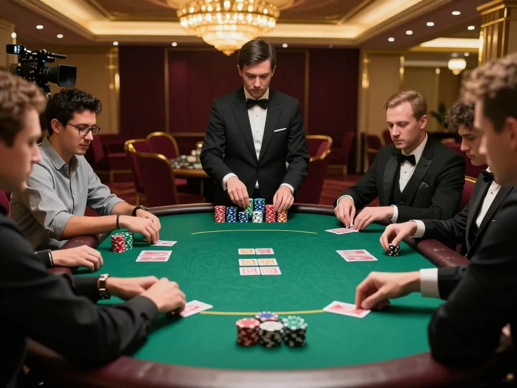 FLY88 players strategizing in an upscale poker game with vibrant chip stacks and a dealer
