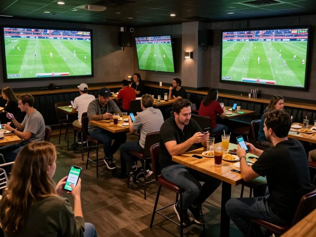 View patrons watching ดูบอล while engaging with sports betting apps at a lively bar setting.