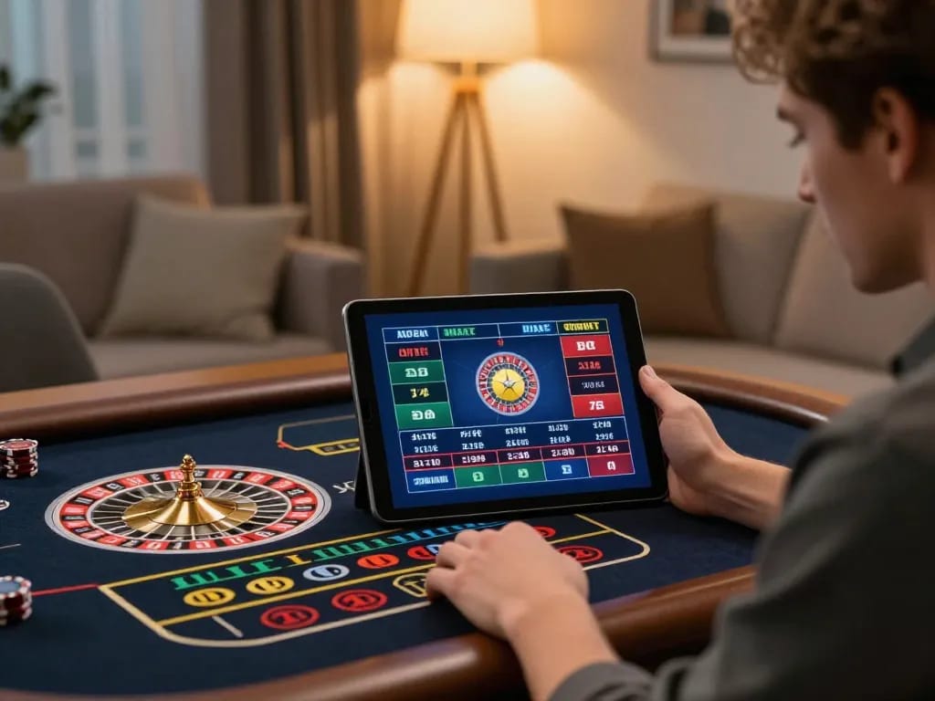 Player enjoying a live roulette game on LV88's online platform, showcasing a vibrant tablet display and cozy setting.