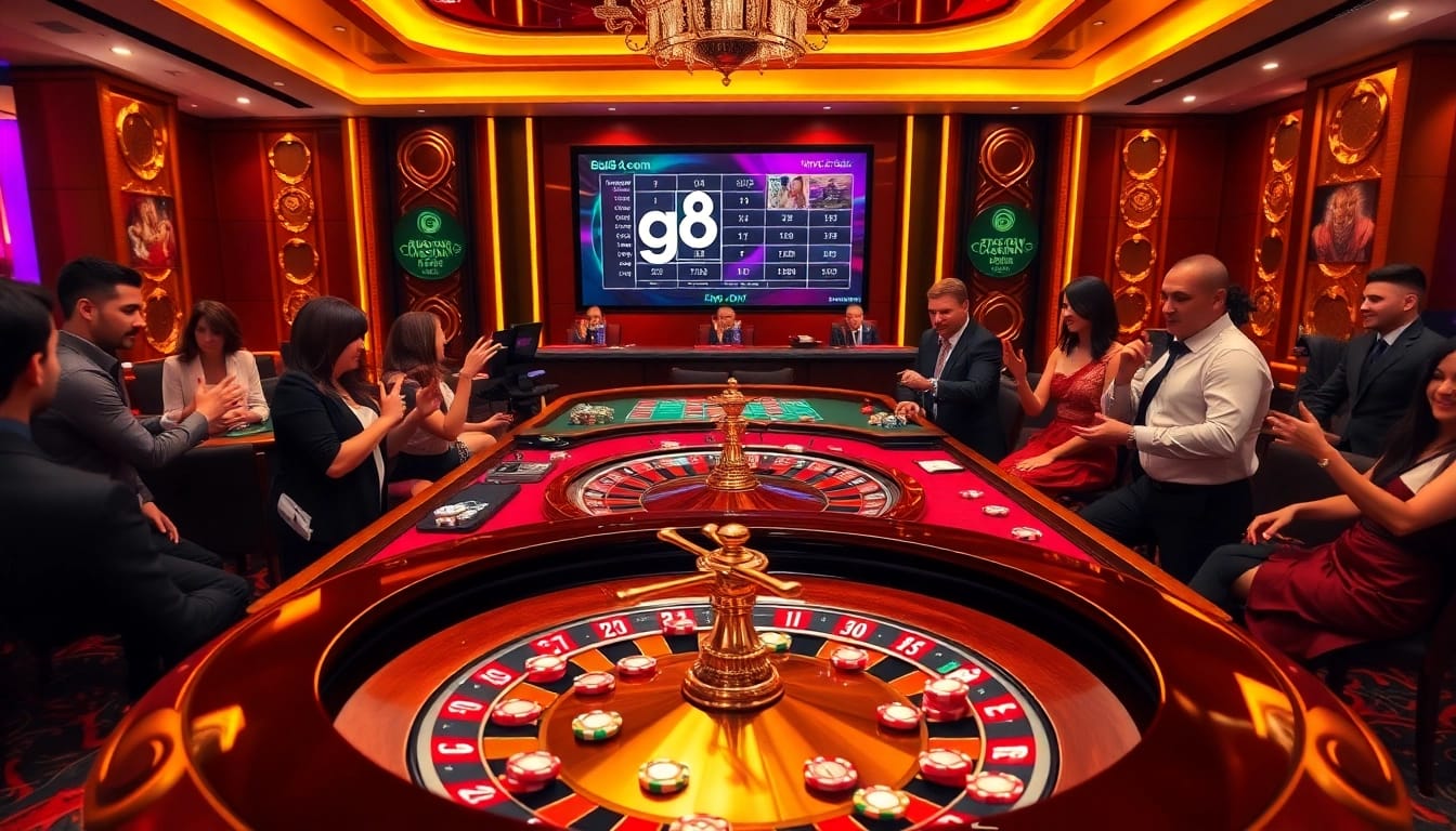 Experience the thrill of gambling at go8.com with an exciting casino scene featuring roulette, poker chips, and more.