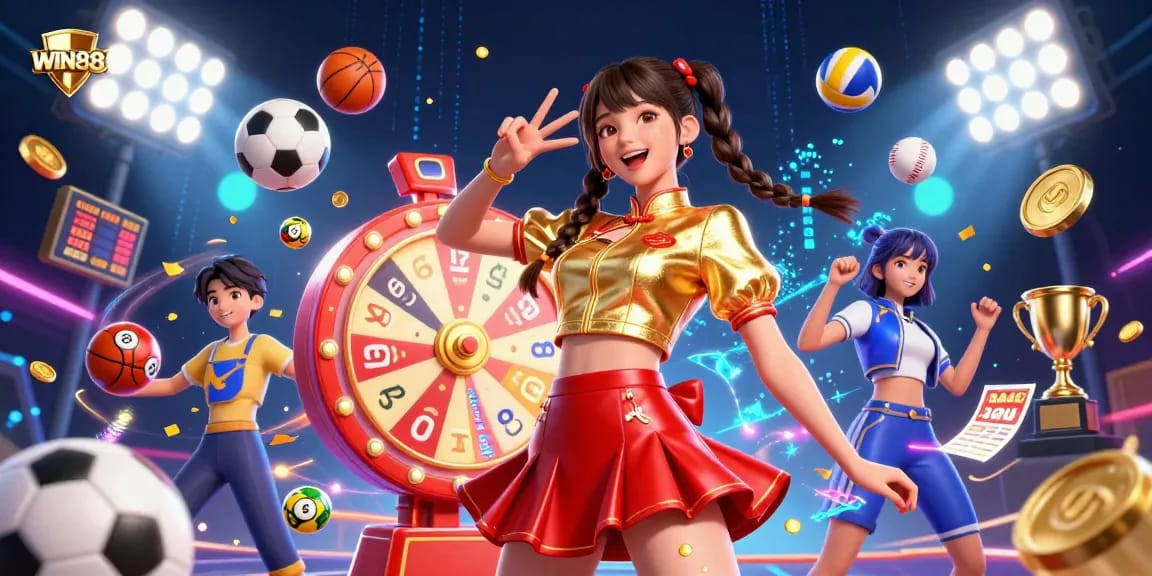Experience thrilling gaming at WIN88 with vibrant 3D visuals, sports elements, and dynamic interactions.