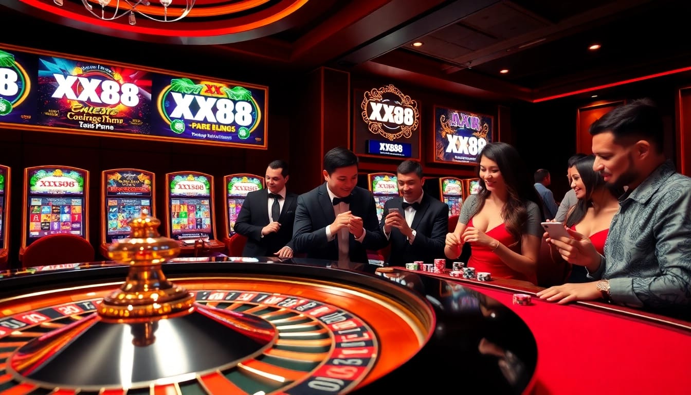 Players experiencing the thrill of gambling at XX88 casino, with vibrant slot machines and a roulette table.