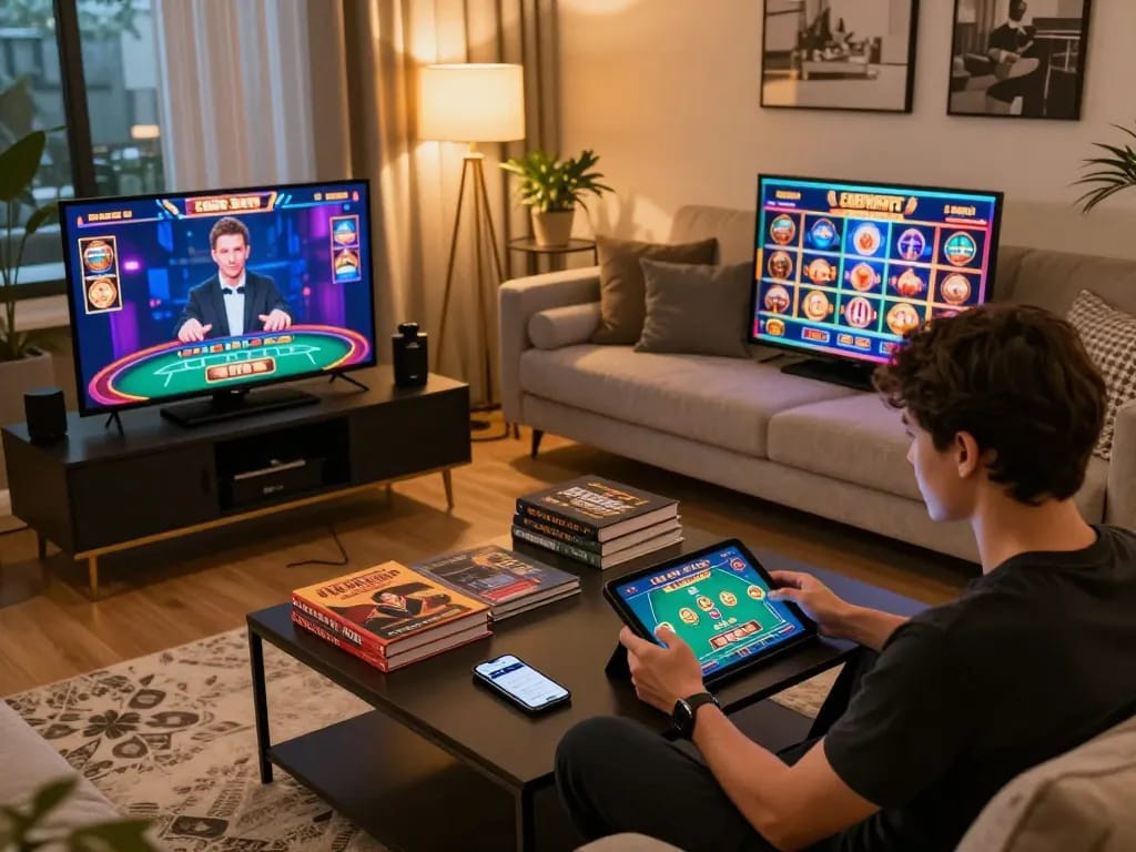 Engaging in online gaming with LV88 tablet setup, showcasing live casino excitement in a cozy atmosphere.