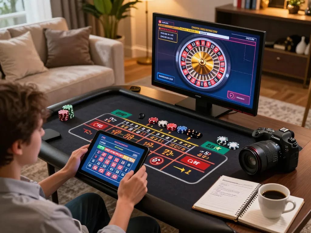Luck8 gaming session with a player managing bankroll strategy using a tablet and notebook.