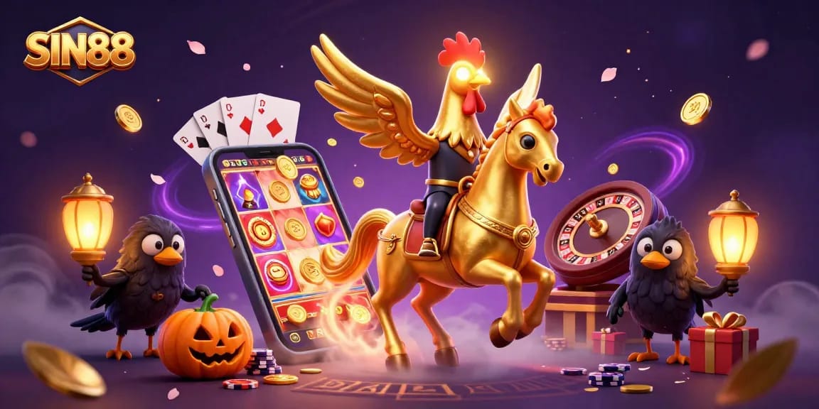 Experience SIN88's thrilling casino adventure with a golden rooster riding through a midnight casino.