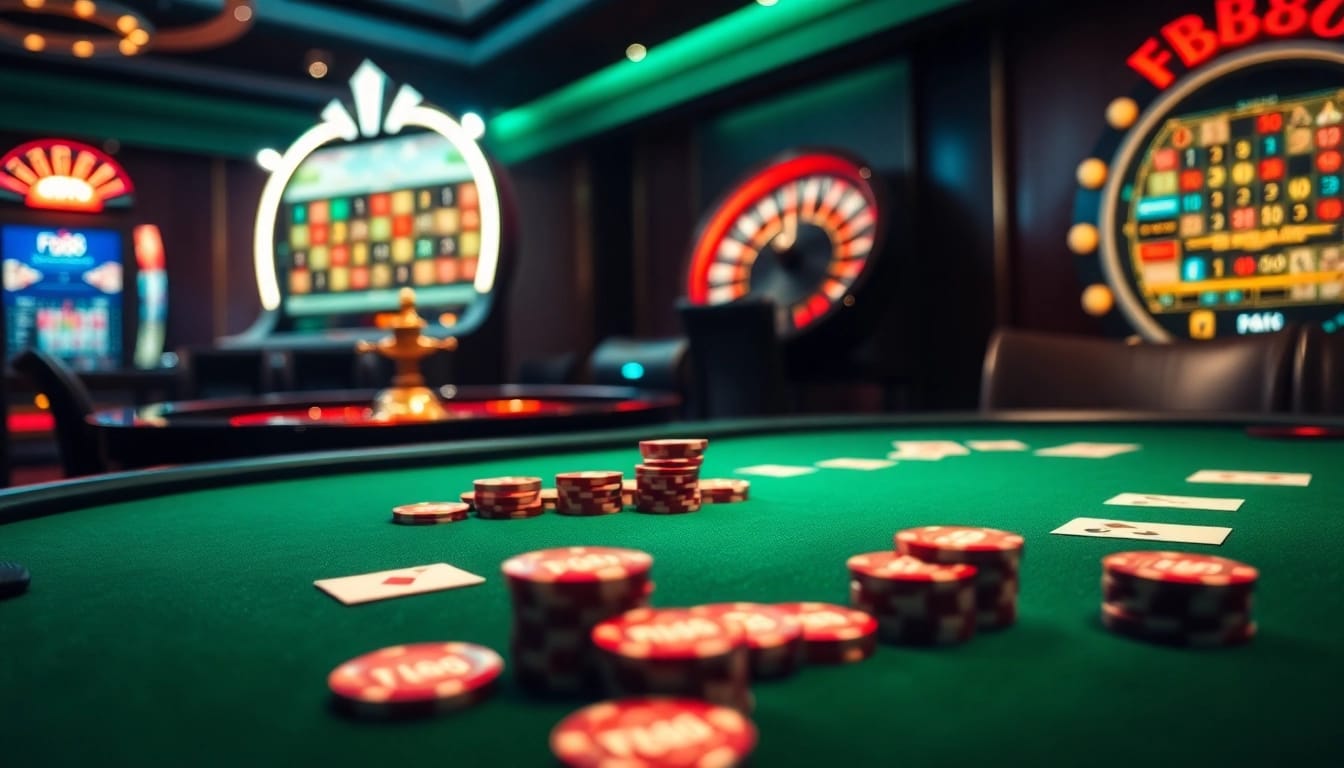 Gambling excitement at the Fb88 casino with poker chips and roulette, showcasing luxury.