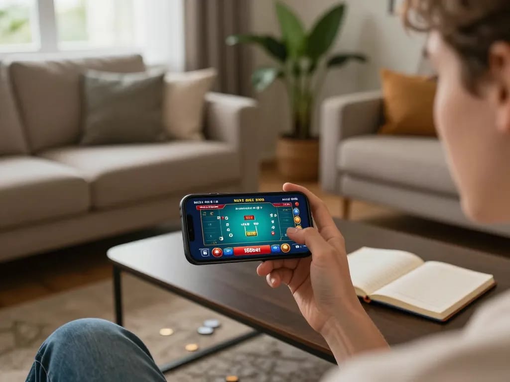 Experience the excitement of placing bets with 188bet on a mobile app in a cozy living room setting.