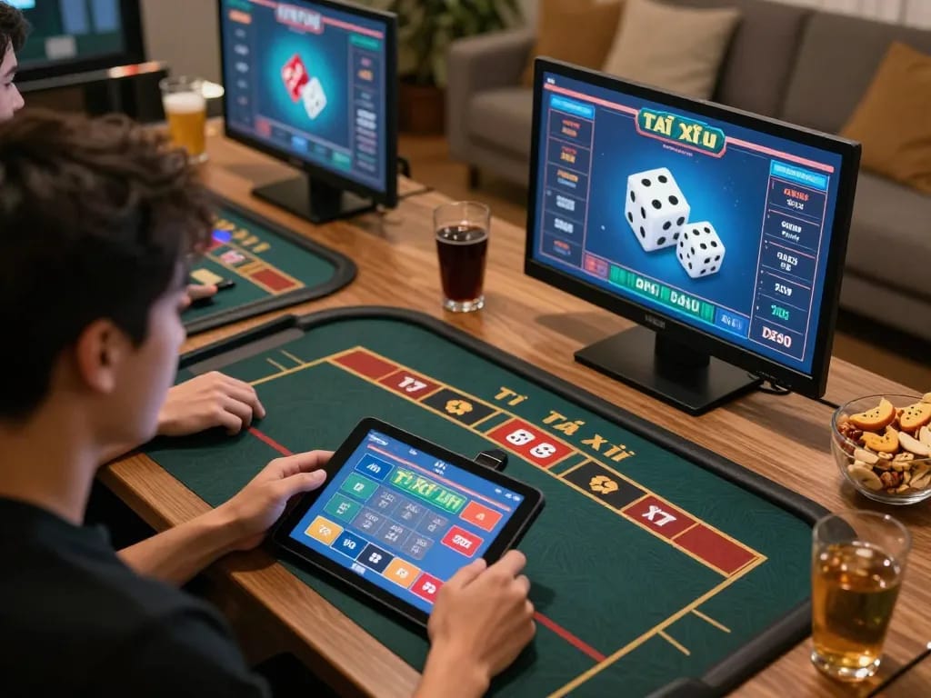 Tai Xỉu online session with players engaged in a strategic dice game, showcasing dynamic betting and technology.