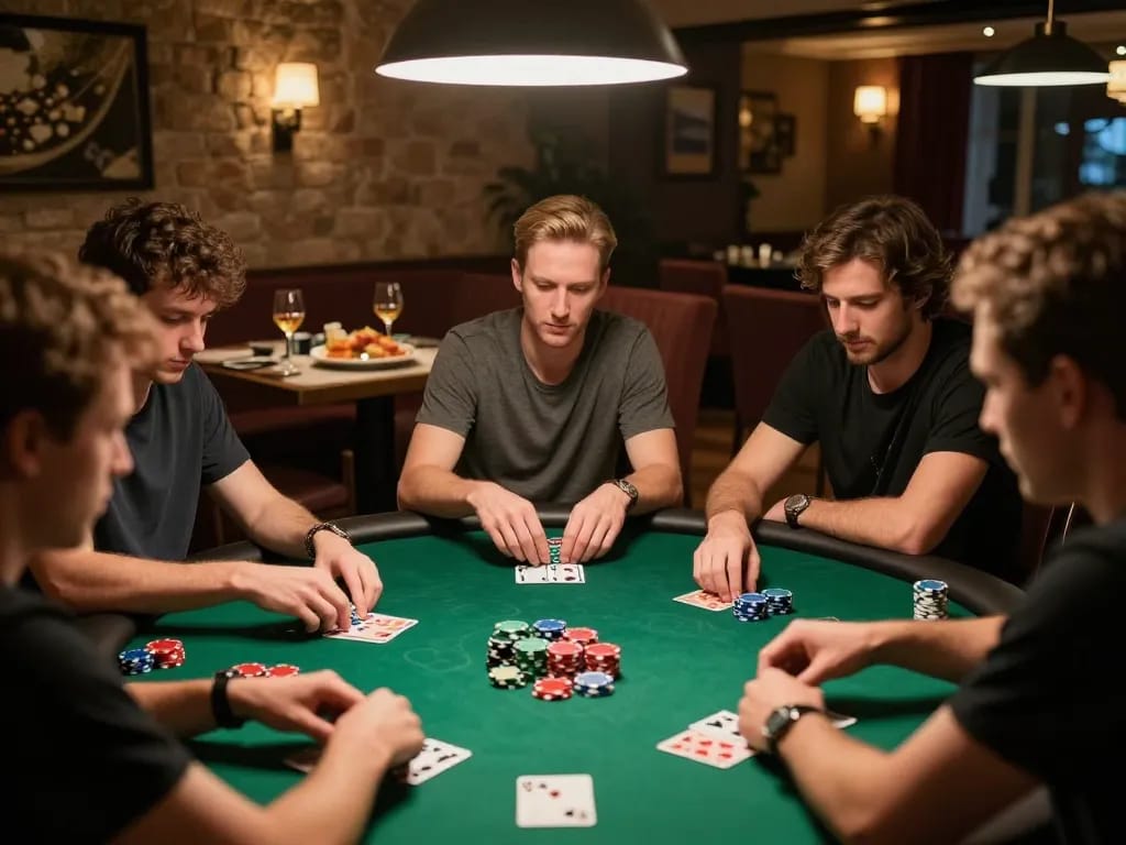 Players engaging in strategic poker gameplay at an upscale private game featuring KUBET chips.