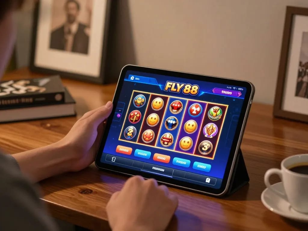 Engaging with the FLY 88 casino app on a tablet in a cozy setting.