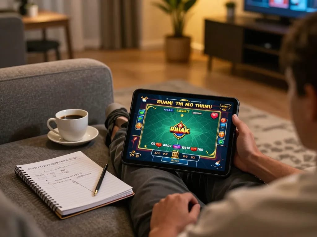 Engaging in game bài đổi thưởng on a tablet in a cozy atmosphere, reflecting strategic gameplay