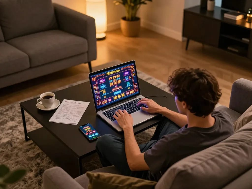 Engaging online gaming session at home with 78winvina displayed on the laptop screen and strategic notes present.