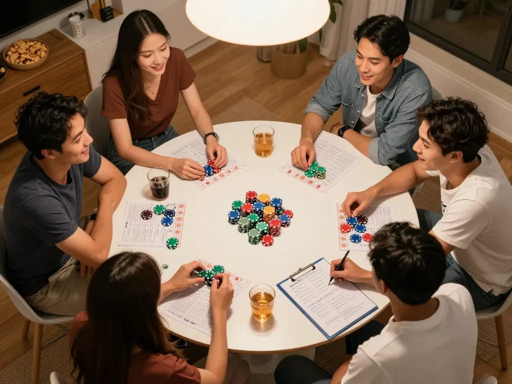 Friends engage in kèo bóng đá betting strategies during an exciting home game night.