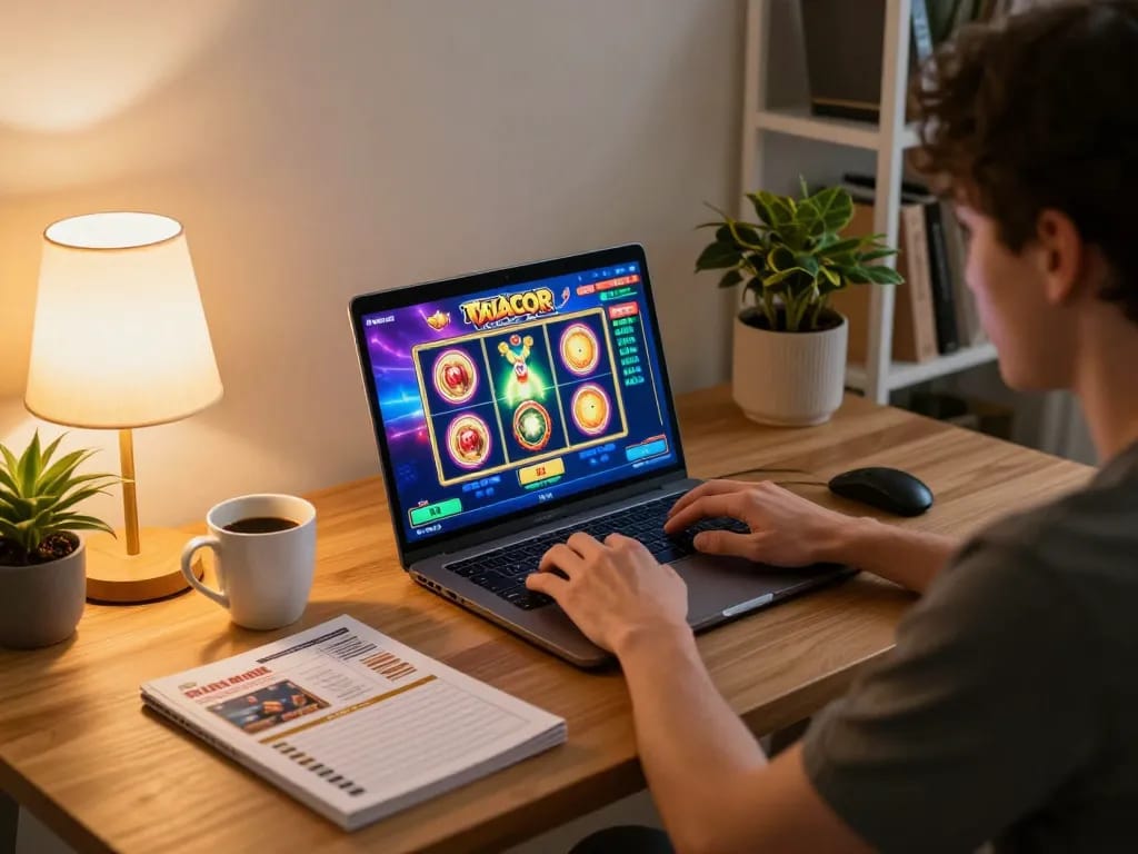 Engaging in Slot Gacor gameplay on a laptop with vibrant animations and cozy home setup