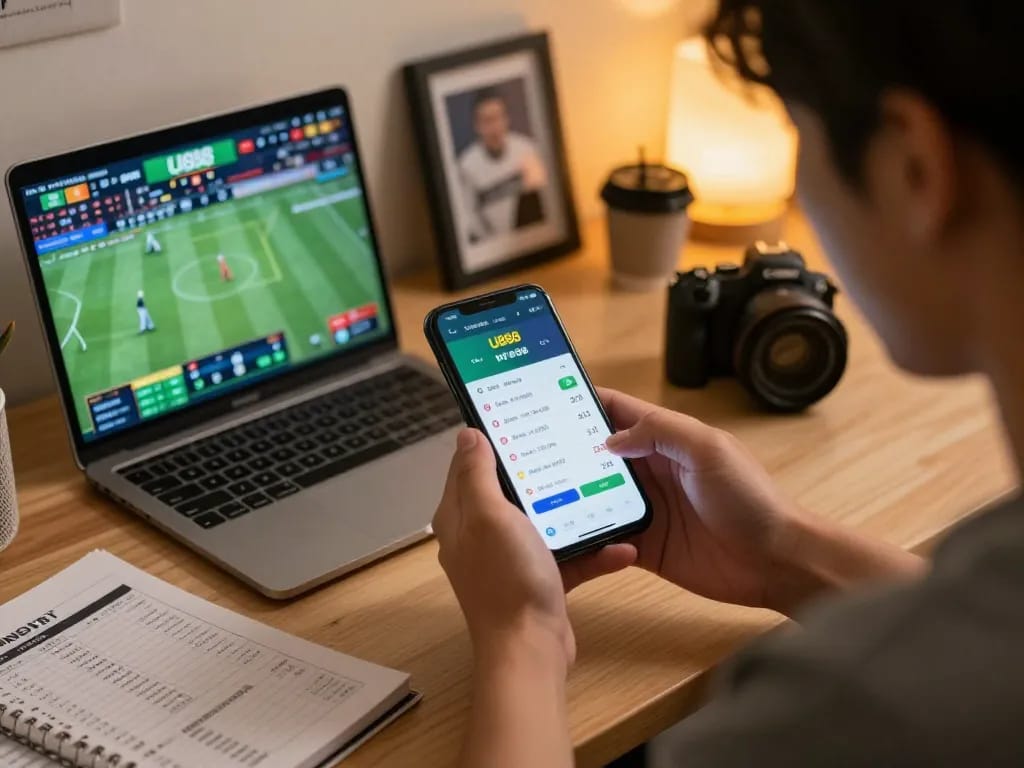 Person placing bets on U888 sports app in a cozy home setting, emphasizing online gambling strategy.