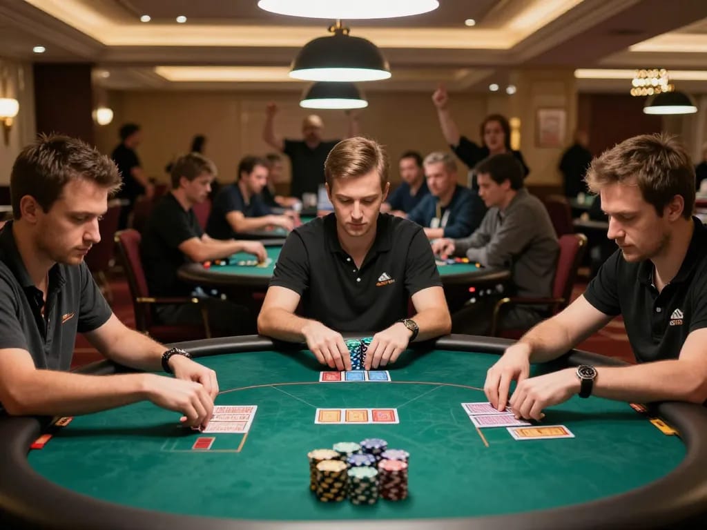 Sky88 poker players engaging in a tournament, showcasing intense competition and strategy