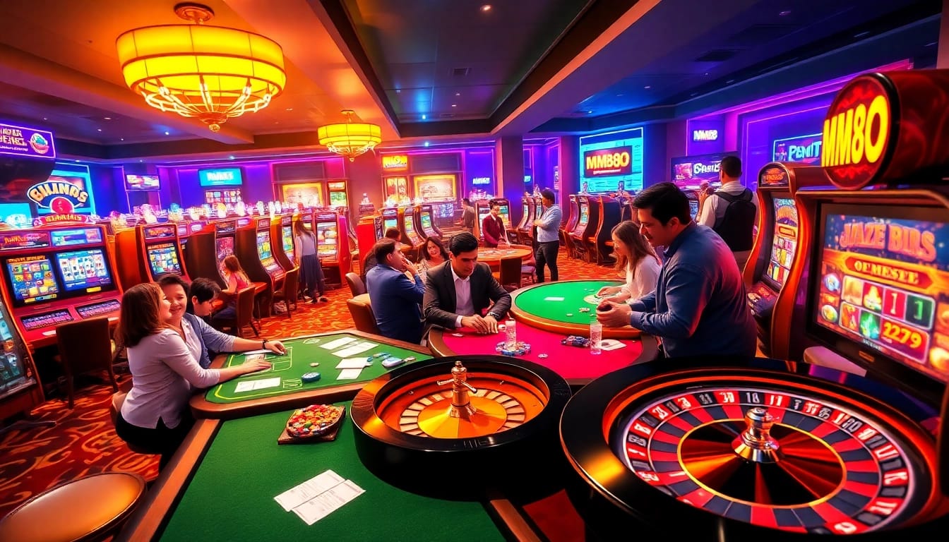 MM88 players enjoying an exciting online casino experience with vibrant slot machines and poker tables.