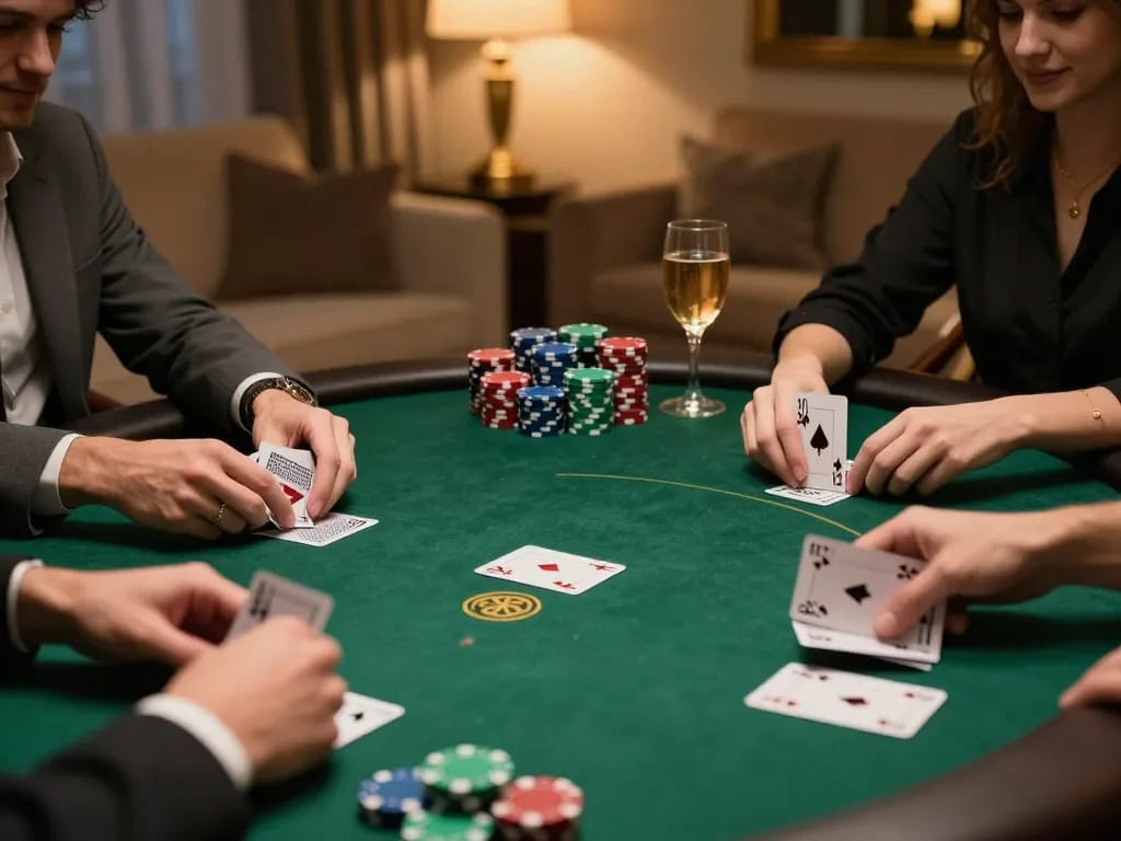 Nervous players strategizing during an intense nk88 poker game session at home with friends.