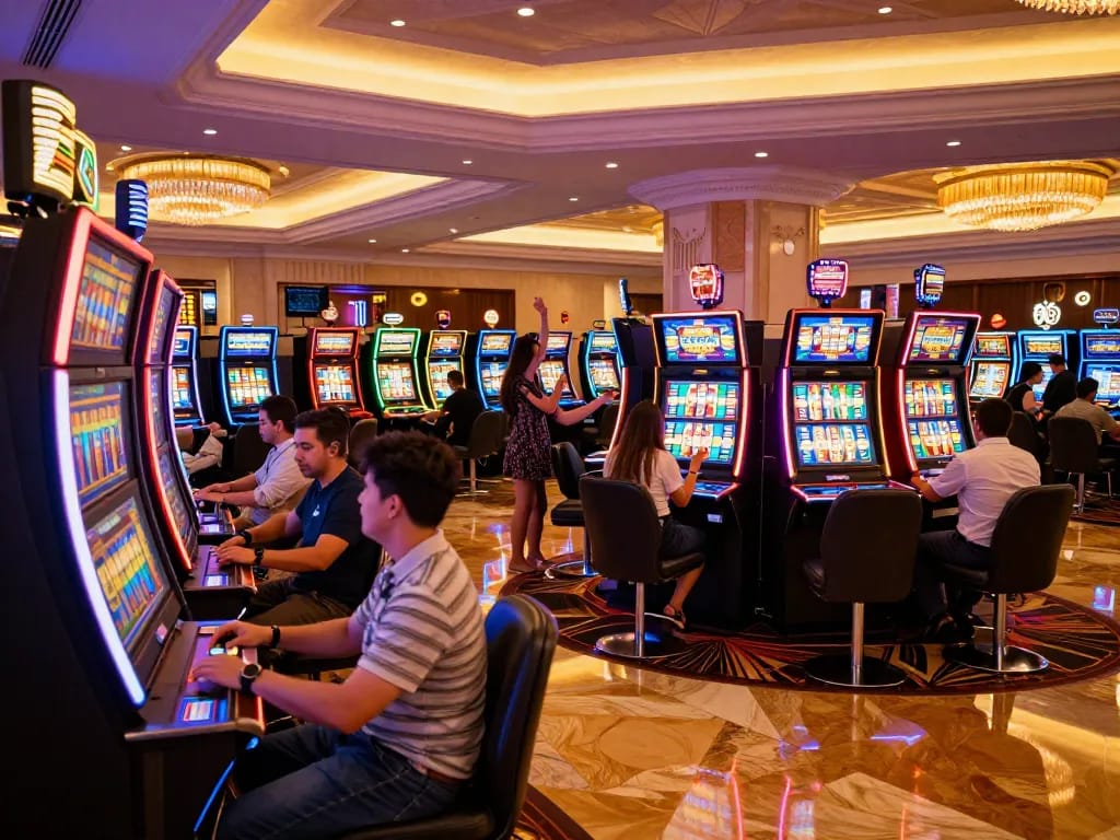 Engaged players enjoying hitclub slot machines with vibrant colors and buzzing atmosphere.