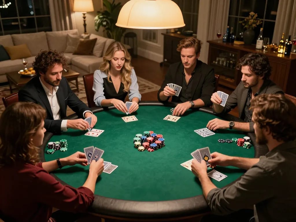 Players enjoying an intense poker game in a cozy home setting, enhancing their s666no1 gaming strategies.