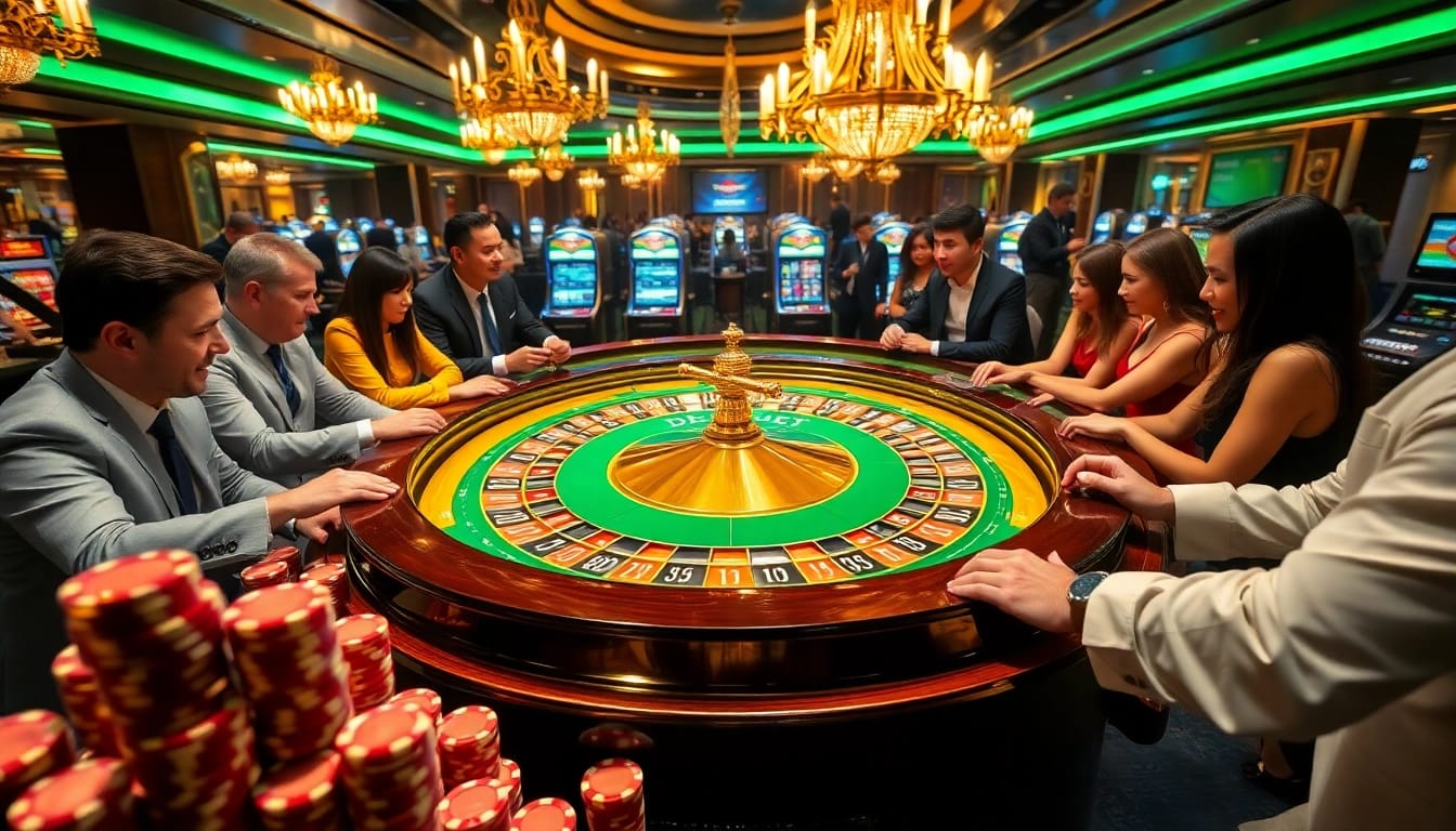 Players enjoy a thrilling night at a DEBET branded casino, highlighting excitement and vibrant gaming.